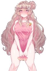Rule 34 | 1girl, :o, @ @, absurdres, apron, apron tug, blush, bonnggu223, breasts, clothes tug, commentary, covered erect nipples, covering privates, covering crotch, feet out of frame, hair bun, hair ornament, highres, indie virtual youtuber, large breasts, light brown hair, long hair, looking at viewer, naked apron, no bra, parted lips, pink apron, pink eyes, solo, sweat, symbol-only commentary, virtual youtuber, x hair ornament, yacocomilk