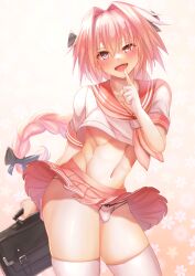 Rule 34 | 1boy, absurdres, astolfo (fate), astolfo (sailor paladin) (fate), bow, bulge, crop top, cropped shirt, dai toro, fang, fate/grand order, fate (series), hair bow, hair intakes, highres, male focus, neckerchief, official alternate costume, open mouth, panties, pink hair, pink neckerchief, pink sailor collar, pink serafuku, pink skirt, purple eyes, sailor collar, school uniform, serafuku, short sleeves, signature, skin fang, skindentation, skirt, solo, thighhighs, trap, underwear