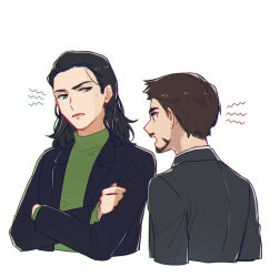 Rule 34 | 2boys, angry, animification, back, black eyes, black hair, black jacket, brown hair, commentary, crossed arms, english commentary, facial hair, green eyes, green sweater, grey jacket, jacket, lapels, loki (marvel), long sleeves, looking at another, male focus, marvel, marvel cinematic universe, medium hair, multiple boys, murdermuffinloki, open clothes, open jacket, shirt, short hair, simple background, standing, sweater, teeth, tony stark, turtleneck, turtleneck sweater, v-shaped eyebrows, white background, white shirt