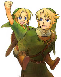 Rule 34 | 2boys, armor, blonde hair, blue eyes, carrying, chainmail, deku shield, dual persona, hat, link, lowres, male focus, multiple boys, multiple persona, nintendo, piggyback, pointy ears, ponky, shield, shield on back, smile, sword, the legend of zelda, the legend of zelda: ocarina of time, time paradox, weapon, wooden shield, young link