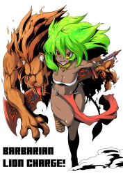 Rule 34 | artist request, character request, copyright request, dark skin, green hair, lion, orange eyes, red eyes, running, shouting, source request, sword, tribal, warrior, weapon
