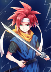 Rule 34 | 1boy, ahoge, bag, baggy pants, belt, blue background, blue eyes, boots, brown hair, chrono trigger, crono (chrono trigger), fighting stance, fire, green eyes, grin, hand on hilt, hand on own hip, headband, holding, holding sword, holding weapon, katana, left-handed, looking back, male focus, messy hair, neckerchief, orange hair, pants, rainbow, red hair, scabbard, scarf, sheath, sheathed, signature, smile, solo, spiked hair, sword, tunic, unsheathing, weapon, wrist cuffs, wristband, yutsuyutsu