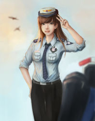 Rule 34 | 1girl, absurdres, alternate costume, animal print, bad id, bad pixiv id, belt, bird, black pants, blue shirt, blue sky, blurry, blurry background, breasts, brown eyes, brown hair, cloud, collared shirt, cowboy shot, d.va (overwatch), day, female service cap, highres, jjong, long hair, looking at viewer, mecha, meka (overwatch), necktie, no gloves, nose, officer d.va, outdoors, overwatch, overwatch 1, pants, parted lips, patch, pink lips, pocket, police, police uniform, rabbit print, robot, shirt, silhouette, sky, sleeves rolled up, small breasts, smile, solo, striped necktie, striped neckwear, uniform, v