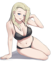Rule 34 | 1girl, acchan, arm support, bikini, black bikini, blonde hair, blue eyes, breasts, clara (girls und panzer), commentary, girls und panzer, hand in own hair, large breasts, leaning to the side, legs, long hair, looking at viewer, navel, open mouth, shadow, simple background, sitting, skindentation, smile, swimsuit, white background, yokozuwari