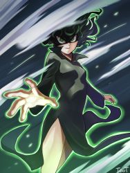 Rule 34 | 1girl, black dress, breasts, dress, feet out of frame, floating hair, green eyes, green hair, green outline, highres, looking at viewer, one-punch man, outline, parted lips, signature, small breasts, solo, tatsumaki, toot, wind