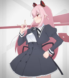 Rule 34 | &gt;:), 1girl, assault lily, black ribbon, black skirt, blush, breasts, closed mouth, commentary, cowboy shot, cropped jacket, endou araya, from side, gradient background, grey background, hair between eyes, hairpods, hand on own hip, hand up, high-waist skirt, highres, holding, holding polearm, holding weapon, juliet sleeves, long hair, long sleeves, looking away, medium breasts, miniskirt, neck ribbon, outline, over shoulder, petag2, pink hair, polearm, puffy sleeves, red eyes, ribbon, school uniform, shirt, sidelocks, skirt, smile, smug, solo, standing, v-shaped eyebrows, very long hair, weapon, weapon over shoulder, white outline, white shirt, yurigaoka girls academy school uniform
