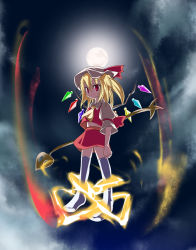 Rule 34 | 1girl, ascot, blonde hair, female focus, flandre scarlet, hat, hat ribbon, laevatein, miniskirt, mob cap, moon, oouso, red eyes, ribbon, skirt, solo, thighhighs, touhou, white thighhighs, wings, zettai ryouiki