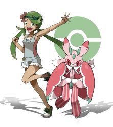 Rule 34 | 1girl, :d, arm up, armpits, clenched hand, collarbone, commentary request, creatures (company), flower, game freak, gen 7 pokemon, green eyes, green footwear, green hair, hair flower, hair ornament, highres, long hair, looking at viewer, lurantis, mallow (pokemon), nintendo, open mouth, poke ball symbol, pokemon, pokemon (creature), pokemon sm, shoes, smile, spread fingers, standing, standing on one leg, swept bangs, teeth, tellzeta, tongue, trial captain, twintails, upper teeth only, white background