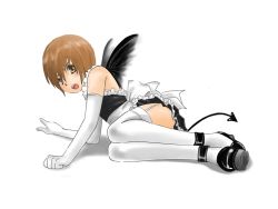 Rule 34 | 00s, 1boy, artist request, crossdressing, death note, elbow gloves, full body, gloves, lying, maid, male focus, solo, tail, thighhighs, trap, wings, yagami light
