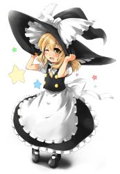 Rule 34 | 1girl, apron, bad id, bad pixiv id, blonde hair, blush, buttons, female focus, hair ribbon, hand on headwear, hat, hat ribbon, kirisame marisa, mary janes, one eye closed, ribbon, shoes, solo, star (symbol), toichi, touhou, waist apron, witch, witch hat, yellow eyes, aged down