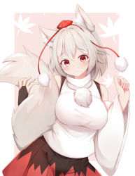 Rule 34 | 1girl, :3, animal ear fluff, animal ears, bare shoulders, blush, breasts, bridal gauntlets, contrapposto, cowboy shot, detached sleeves, hands up, hat, inubashiri momiji, looking at viewer, red eyes, rururiaru, short hair, silver hair, solo, tail, tokin hat, touhou, wide sleeves, wolf ears, wolf tail