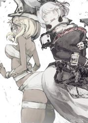 Rule 34 | 2girls, ass, ass-to-ass, belt, belt bra, blue eyes, blush, breasts, cape, cleavage, clover, dark-skinned female, dark skin, dress, earrings, elphelt valentine, female focus, flower, four-leaf clover, gloves, guilty gear, guilty gear xrd, hairband, hat, highres, jewelry, large breasts, long hair, looking at viewer, medium breasts, multiple girls, navel, open mouth, orange eyes, ramlethal valentine, short hair, short shorts, shorts, siblings, sisters, smile, spikes, spoilers, tefec, thigh strap, underboob, veil, white background, white hair