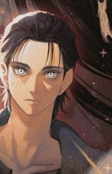 Rule 34 | 1boy, black hair, closed mouth, collarbone, eren yeager, facial mark, krusier, looking at viewer, male focus, portrait, shingeki no kyojin, short hair, solo, sparkle, white eyes