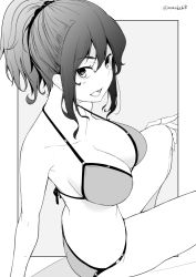 Rule 34 | 1girl, ass, bikini, breasts, cleavage, collarbone, from side, greyscale, hair between eyes, hair ornament, hair scrunchie, halterneck, hand on own knee, kichihachi, large breasts, looking at viewer, monochrome, open mouth, original, outside border, ponytail, scrunchie, sidelocks, simple background, sitting, solo, string bikini, swimsuit, twitter username