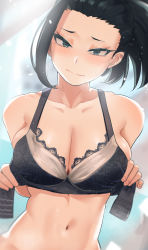 Rule 34 | 1girl, absurdres, black bra, black eyes, black hair, blush, boku no hero academia, bra, breasts, cleavage, collarbone, highres, lace, large breasts, long hair, looking at viewer, navel, ponytail, solo, stomach, underwear, underwear only, unfastened, wavy mouth, yaoyorozu momo, zd (pixiv6210083)