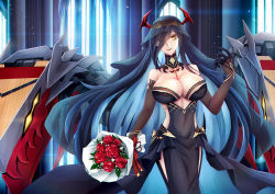 Rule 34 | 1girl, absurdres, azur lane, black gloves, black hair, black veil, bouquet, breasts, cleavage, coolnova, covered navel, elbow gloves, flower, friedrich der grosse (azur lane), friedrich der grosse (zeremonie of the cradle) (azur lane), gloves, hair between eyes, hand up, highres, horns, jewelry, large breasts, long hair, looking at viewer, one eye covered, smile, solo, veil, yellow eyes