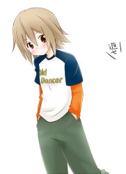 Rule 34 | 1girl, alternate hairstyle, androgynous, bad id, bad pixiv id, brown eyes, brown hair, casual, english text, hair down, hands in pockets, k-on!, maka (hyougenbu), raglan sleeves, reverse trap, solo, tainaka ritsu