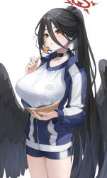 Rule 34 | 1girl, bird wings, black choker, black hair, blue archive, blush, breasts, choker, food, hair between eyes, hasumi (blue archive), hasumi (track) (blue archive), hu kotora, jacket, large breasts, long sleeves, open mouth, partially unzipped, ponytail, red eyes, shirt, shorts, simple background, solo, takoyaki, track jacket, white background, white shirt, wings