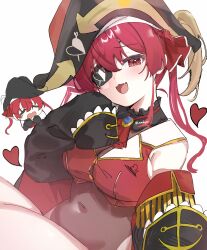 Rule 34 | 1girl, absurdres, ascot, black choker, black coat, black hat, black leotard, breasts, brooch, chibi, choker, coat, covered navel, cropped jacket, eyepatch, frilled choker, frills, hat, highres, hololive, houshou marine, houshou marine (1st costume), jacket, jewelry, large breasts, laudayon, leotard, leotard under clothes, looking at viewer, off shoulder, open mouth, pirate hat, red ascot, red eyes, red hair, red jacket, simple background, sleeveless, sleeveless jacket, solo, twitter username, virtual youtuber, white background