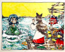 Rule 34 | animal ears, blue hair, bow, brown hair, cape, coffee, disembodied head, dress, drying, drying clothes, fins, floating head, frilled kimono, frills, grass root youkai network, green kimono, head fins, high collar, highres, imaizumi kagerou, japanese clothes, kimono, lake, long hair, mermaid, misty lake, monster girl, morisshii (morishiey), morning, pier, red cape, red hair, sekibanki, splashing, tail, touhou, wakasagihime, white dress, wide sleeves, wolf ears, wolf tail