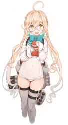 Rule 34 | 1girl, absurdres, ahoge, alternate costume, aqua bow, aqua bowtie, blazer, bow, bowtie, braid, commentary request, cowboy shot, crown braid, glasses, goekawa, grey thighhighs, highres, jacket, kantai collection, long sleeves, looking at viewer, makigumo (kancolle), one-piece swimsuit, pink hair, revision, school swimsuit, simple background, sleeves past wrists, solo, swimsuit, tenga, thighhighs, torpedo launcher, twintails, white background, white one-piece swimsuit, white school swimsuit