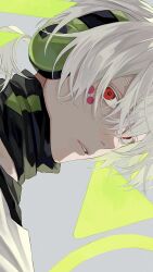 Rule 34 | 1boy, 510 gotoudayo, arrow print, black scarf, facial mark, grey background, grey hair, hair over one eye, headphones, highres, kagerou project, konoha (kagerou project), looking at viewer, male focus, parted lips, ponytail, portrait, red eyes, scarf, short hair, solo, triangle, white hair