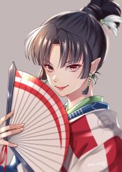 Rule 34 | 1girl, black hair, blurry, depth of field, earrings, feather hair ornament, feathers, folding fan, grey background, hair ornament, hand fan, inuyasha, japanese clothes, jewelry, kagura (inuyasha), kimono, lips, looking at viewer, motobi (mtb umk), parted bangs, pearl earrings, red eyes, short hair, simple background, smile, solo, topknot, twitter username, upper body