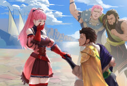 Rule 34 | 1girl, 3boys, ^ ^, blue sky, blush, breasts, brother and sister, brown hair, claude von riegan, cleavage, closed eyes, cloud, commission, dark-skinned male, dark skin, fire emblem, fire emblem: three houses, hand grab, hand to own mouth, hetero, highres, hilda valentine goneril, holst sigiswald goneril, kneeling, large breasts, marriage proposal, matching hair/eyes, multiple boys, nader (fire emblem), nintendo, open mouth, pink eyes, pink hair, ship, siblings, sky, twintails, watercraft, zoewingsz