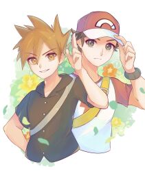 Rule 34 | !, 2boys, absurdres, bag, baseball cap, black shirt, blue oak, brown eyes, brown hair, buttons, closed mouth, commentary request, creatures (company), cropped torso, game freak, hat, highres, male focus, multiple boys, nintendo, pokemon, pokemon sm, red (pokemon), red headwear, red shirt, ryusa (gjgd7445), shirt, short hair, shoulder bag, smile, spoken exclamation mark, teeth, two-tone shirt, upper body, white background, white shirt
