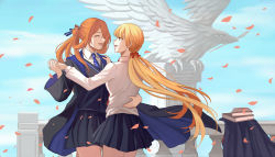 Rule 34 | 2girls, arms behind back, bird, blonde hair, blouse, blue robe, book, closed eyes, commission, dancing, diagonal-striped clothes, diagonal-striped necktie, girls&#039; frontline, harry potter (series), highres, hogwarts school uniform, holding hands, jacket, long hair, multiple girls, necktie, orange hair, ots-14 (girls&#039; frontline), petite, phoenix, pixiv commission, robe, school uniform, shirt, silayloe, springfield (girls&#039; frontline), statue, striped clothes, very long hair, white shirt, wizarding world
