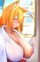 Rule 34 | 1girl, animal ear fluff, animal ears, blonde hair, blue sky, breasts, closed mouth, collarbone, commentary request, day, fox ears, fox girl, from side, hair over one eye, hakama, highres, huge breasts, japanese clothes, kimono, long bangs, long hair, looking at viewer, miko, nipples, no bra, one breast out, open clothes, open kimono, original, profile, red eyes, red hakama, sky, solo, sunlight, sweat, togutogu, tree, white kimono, window
