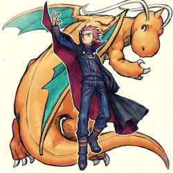 Rule 34 | 1boy, arm at side, arm up, belt, boots, cape, creatures (company), dragonite, full body, game freak, gen 1 pokemon, holding, holding cape, holding clothes, lance (pokemon), long sleeves, lowres, male focus, meimaru inuchiyo, nintendo, pants, pokemon, pokemon (creature), red hair, simple background, spiked hair