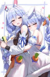 Rule 34 | 2girls, animal ears, arm garter, averting eyes, black leotard, blue hair, blush, breasts, carrot, carrot hair ornament, commentary request, detached sleeves, dress, extra ears, food-themed hair ornament, hair ornament, heart, highres, hololive, large breasts, leotard, long braid, long hair, looking at another, mature female, mother and daughter, multicolored hair, multiple girls, pekomama, rabbit ears, rabbit tail, red eyes, strapless, strapless dress, superpig, tail, thick eyebrows, two-tone hair, usada pekora, usada pekora (1st costume), very long hair, virtual youtuber, white dress, white hair