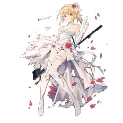 Rule 34 | 1girl, bare shoulders, blonde hair, bolt action, bouquet, breasts, choker, cleavage, closed mouth, collarbone, dress, elbow gloves, flower, full body, girls&#039; frontline, gloves, hair flower, hair ornament, hairband, huanxiang heitu, light frown, long hair, looking at viewer, medium breasts, official alternate costume, official art, panties, petals, ponytail, red eyes, red flower, red rose, rose, shoes, single shoe, sniper rifle, solo, suppressor, sv-98, sv-98 (girls&#039; frontline), sv-98 (pierce your heart!) (girls&#039; frontline), thighhighs, torn clothes, torn dress, torn gloves, torn thighhighs, transparent background, underwear, weapon, weapon on back, wedding dress, white choker, white footwear, white gloves, white panties, white thighhighs