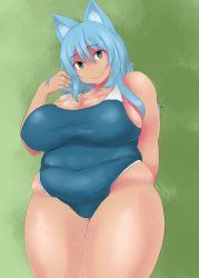 Rule 34 | 1girl, animal ears, arm behind back, bad id, bad pixiv id, bare shoulders, belly, blue hair, breasts, cleavage, covered navel, fat, female focus, fox ears, green eyes, highres, huge breasts, large breasts, long hair, looking at viewer, navel, one-piece swimsuit, original, plump, smile, solo, soranona (soranosuke), standing, sweat, swimsuit, thick thighs, thighs, wide hips, yuki (soranosuke)