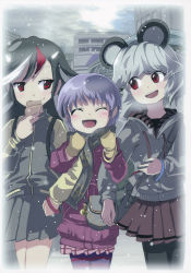 Rule 34 | 3girls, alternate costume, animal ears, bag, black hair, black legwear, blush, blush stickers, border, closed eyes, contemporary, floral print, gloves, grey hair, handbag, highres, holding another&#039;s arm, holding own arm, hood, hoodie, horns, jacket, kijin seija, long sleeves, looking at another, miniskirt, miracle mallet, mouse ears, multicolored clothes, multicolored hair, multicolored legwear, multiple girls, nazrin, no headwear, non-web source, open mouth, pantyhose, plaid, plaid skirt, purple hair, red eyes, red hair, scan, scarf, short hair, skirt, smile, smirk, snowing, striped clothes, striped legwear, striped pantyhose, sukuna shinmyoumaru, syope, touhou, track jacket, vest, white hair, yellow gloves
