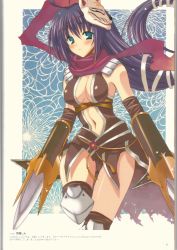 Rule 34 | 1girl, absurdres, assassin cross (ragnarok online), breasts, cleavage, fox mask, green eyes, highres, large breasts, mask, midriff, purple hair, ragnarok online, scarf, solo, thighhighs, weapon