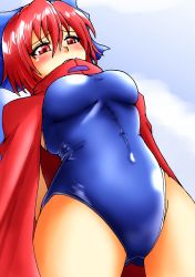 Rule 34 | arms behind back, blush, bow, cape, covered mouth, d-m (dii emu), gluteal fold, hair bow, highres, one-piece swimsuit, red cape, red eyes, red hair, sekibanki, short hair, solo, swimsuit, touhou