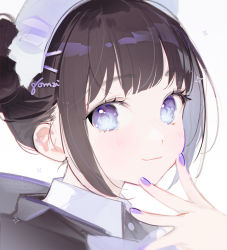 Rule 34 | 1girl, artist name, black hair, blunt bangs, closed mouth, commentary request, gomzi, hair ornament, hairclip, maid headdress, nail polish, original, purple eyes, purple nails, short hair, smile, solo, sparkle, watermark