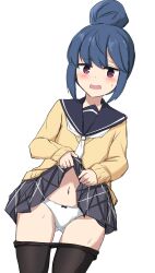 Rule 34 | 1girl, black pantyhose, blue hair, blue sailor collar, blue skirt, blush, cardigan, clothes lift, clothes pull, commentary request, embarrassed, hair bun, highres, kenpopor18, lifting own clothes, looking at viewer, navel, open mouth, panties, pantyhose, pantyhose pull, partial commentary, pleated skirt, purple eyes, sailor collar, school uniform, shima rin, shirt, shirt lift, sidelocks, simple background, skirt, skirt lift, solo, standing, underwear, wavy mouth, white background, white panties, white shirt, yellow cardigan, yurucamp
