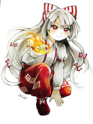 Rule 34 | 1girl, bow, closed mouth, collared shirt, fire, fujiwara no mokou, full body, grey hair, hair bow, juliet sleeves, light smile, long hair, long sleeves, looking at viewer, maa (forsythia1729), pants, puffy sleeves, red eyes, red footwear, red pants, shirt, simple background, solo, suspenders, touhou, v-shaped eyebrows, very long hair, white background, white bow, white shirt
