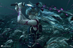 Rule 34 | 1girl, animal ears, armor, artist name, bare arms, blood, bug, butterfly, fantasy, from side, grass, holding, holding sword, holding weapon, insect, katana, lips, nixeu, original, ponytail, profile, purple blood, red eyes, restrained, scenery, silver hair, solo, sword, tall grass, thread, weapon, wind