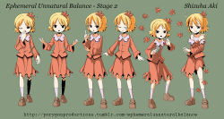 Rule 34 | 1girl, ahoge, aki shizuha, blonde hair, character name, character sheet, closed eyes, commentary, covering own mouth, green background, hair ornament, leaf, leaf hair ornament, long sleeves, maple leaf, multiple views, one eye closed, short hair, simple background, sixten, skirt, torn clothes, touhou, yellow eyes