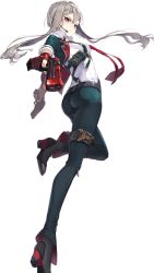 Rule 34 | 1girl, ass, breasts, closed mouth, feet, fingerless gloves, floating hair, from behind, full body, gloves, green pants, groin, gun, highres, holding, holding gun, holding weapon, holster, legs, long hair, looking at viewer, looking back, microphone, necktie, pants, red eyes, red gloves, serious, silver hair, small breasts, solo, standing, thighs, transparent background, unitia, weapon