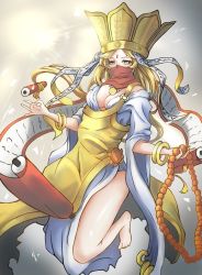 Rule 34 | 1girl, artist request, barefoot, blonde hair, breasts, crown, digimon, dress, highres, journey to the west, large breasts, long hair, looking at viewer, monk, sanzomon, scroll, shiny skin, solo, tang sanzang, toes, wide hips, yellow eyes