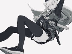 Rule 34 | 1girl, assault rifle, bad id, bad twitter id, floating hair, from below, girls&#039; frontline, gun, h&amp;k hk416, hk416 (girls&#039; frontline), holding, holding gun, holding weapon, long hair, looking at viewer, monochrome, panties, plaid, plaid skirt, rifle, skirt, solo, suiso (owp), thighhighs, underwear, weapon, white background