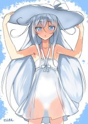 Rule 34 | 10s, 1girl, :o, alternate costume, armpits, arms up, artist name, bare shoulders, blue eyes, dress, hair between eyes, hands on headwear, hat, hat ribbon, hibiki (kancolle), holding, holding clothes, holding hat, kantai collection, long hair, looking at viewer, open mouth, ribbon, see-through, sensen, silver hair, solo, very long hair, white background, white dress, white hat