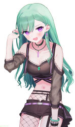 1girl :d absurdres asatsuki933 bangle bare_shoulders belt black_nails black_shorts bracelet breasts cleavage collarbone cowboy_shot ear_piercing earrings fishnet_pantyhose fishnets garter_straps green_eyes green_hair hand_in_own_hair highres jade_bangle jewelry lace lace-trimmed_shirt lace-trimmed_sleeves lace_trim leaning_forward long_hair looking_at_viewer micro_shorts midriff mole mole_on_breast navel necklace off-shoulder_shirt off_shoulder open_mouth overskirt pantyhose pendant_choker piercing purple_belt purple_eyes see-through_clothes see-through_sleeves shirt shorts simple_background smile solo swept_bangs virtual_youtuber vspo! white_background yakumo_beni yakumo_beni_(1st_costume)