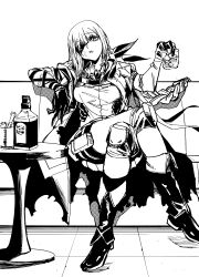 1girl absurdres boots bottle breasts coat commentary_request couch crossed_legs cup drink eyepatch girls&#039;_frontline gloves greyscale highres holding holding_cup ice ice_cube knee_pads long_braid long_hair looking_at_viewer m16a1_(boss)_(girls&#039;_frontline) m16a1_(girls&#039;_frontline) monochrome on_couch parted_lips shirt sitting solo susuki_yasumine table