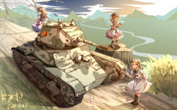 Rule 34 | 3girls, absurdres, blonde hair, blue bow, blue dress, bow, brown hair, caterpillar tracks, chinese commentary, closed mouth, cloud, commentary request, dated, dress, full body, hair bow, highres, long hair, looking at viewer, luna child, military, military vehicle, motor vehicle, mountainous horizon, multiple girls, orange hair, outdoors, pzgr.40, river, signature, sky, star sapphire, sunny milk, t-26, tank, touhou, two side up, white dress, wings, yellow eyes